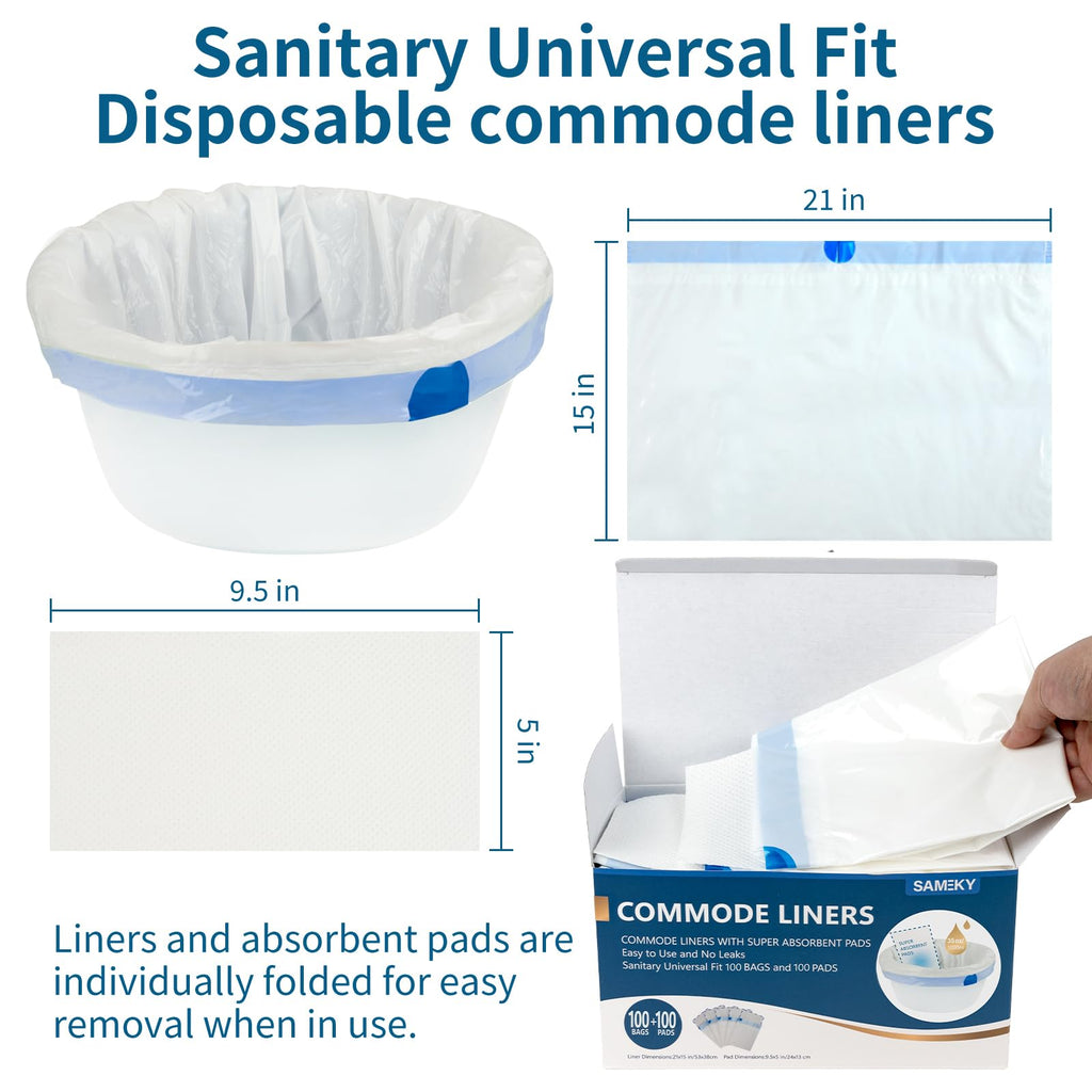 Commode Liners with Absorbent Pads | 100Bags+100Pads for Bedside Toilet Chair Bucket | Universal Fit | Bedside Commode Liners and Pads(100Bags + 100Pads)