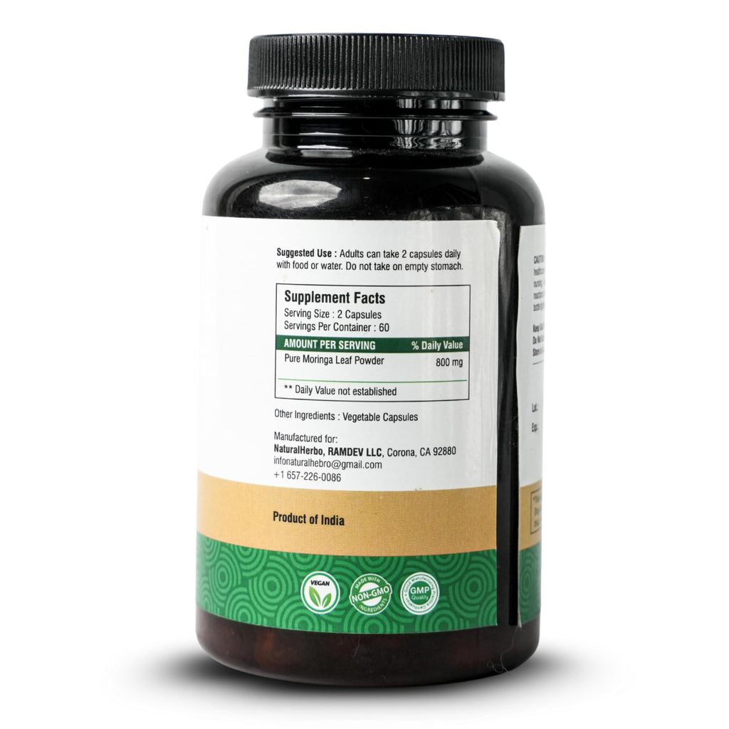 NaturalHerbo Pure Moringa Capsules - Pure Moringa Leaf Extract for Natural Energy, Digestion & Daily Wellness | Green Superfood Supplement | Vegan, Non-GMO, Gluten-Free | 120 Capsules (800mg)
