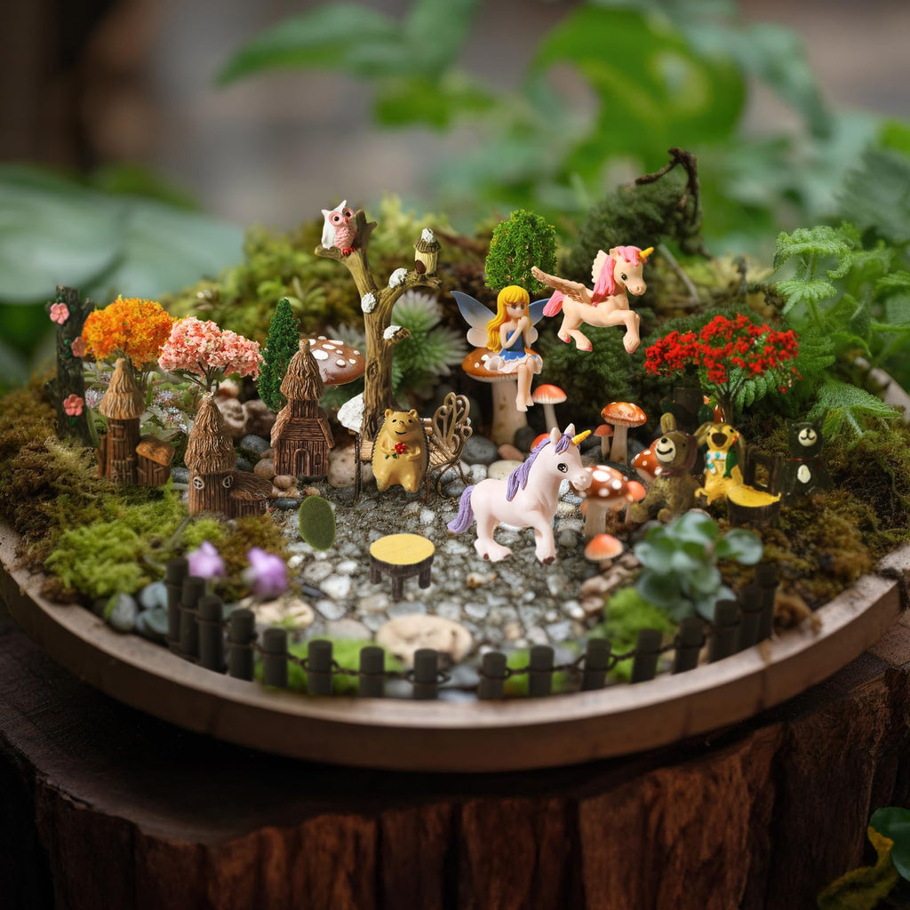 58 Pcs Miniature Garden Set Flower Angel Fairy House Animals Trees Diorama Supplies Fairy Village Mini Terrarium Figurines Micro Landscape Ornaments for DIY Garden Decor Succulent Dollhouse Craft