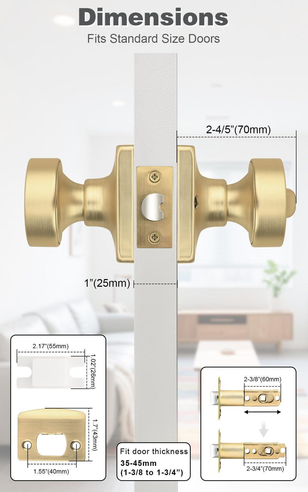 Probrico Privacy Door Handles Interior 5 Pack, Modern Keyless Bedroom/Bathroom Door Knob Inside, Square Base Doorknobs with Brushed Gold Finish