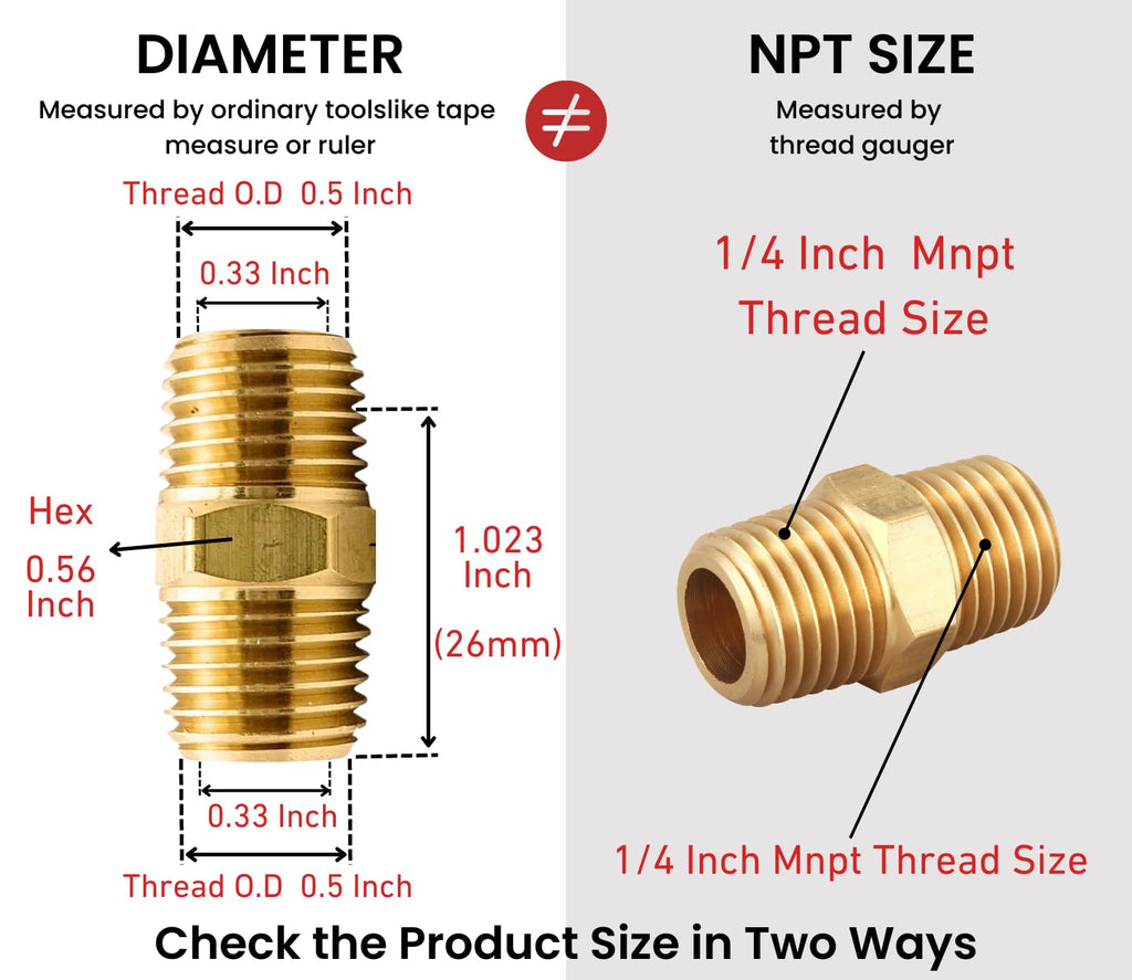 T TANYA HARDWARE 1/4 Inch NPT x 1/4 Inch NPT Male Thread Solid Brass Hex Nipples, Pipe Fitting and Air Hose Fittings, Thread 1/2" OD to 1/2" OD, (10 Piece)