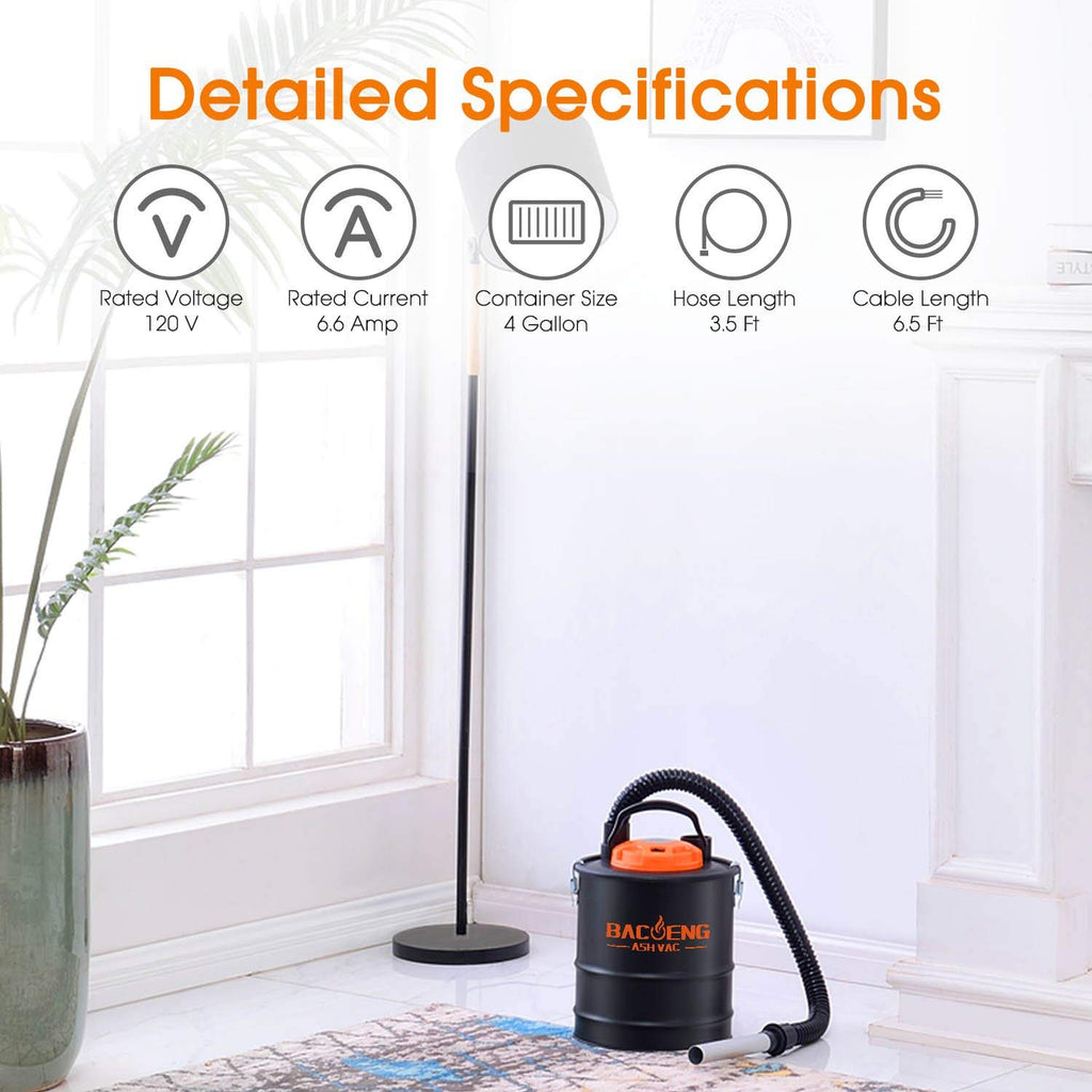 BACOENG Ash Vacuum, 4 Gallon Ash Vacuum for Pellet Stoves, Fireplaces Ash Vacuum Cleaner, for Wood Stove, Pellet Grill