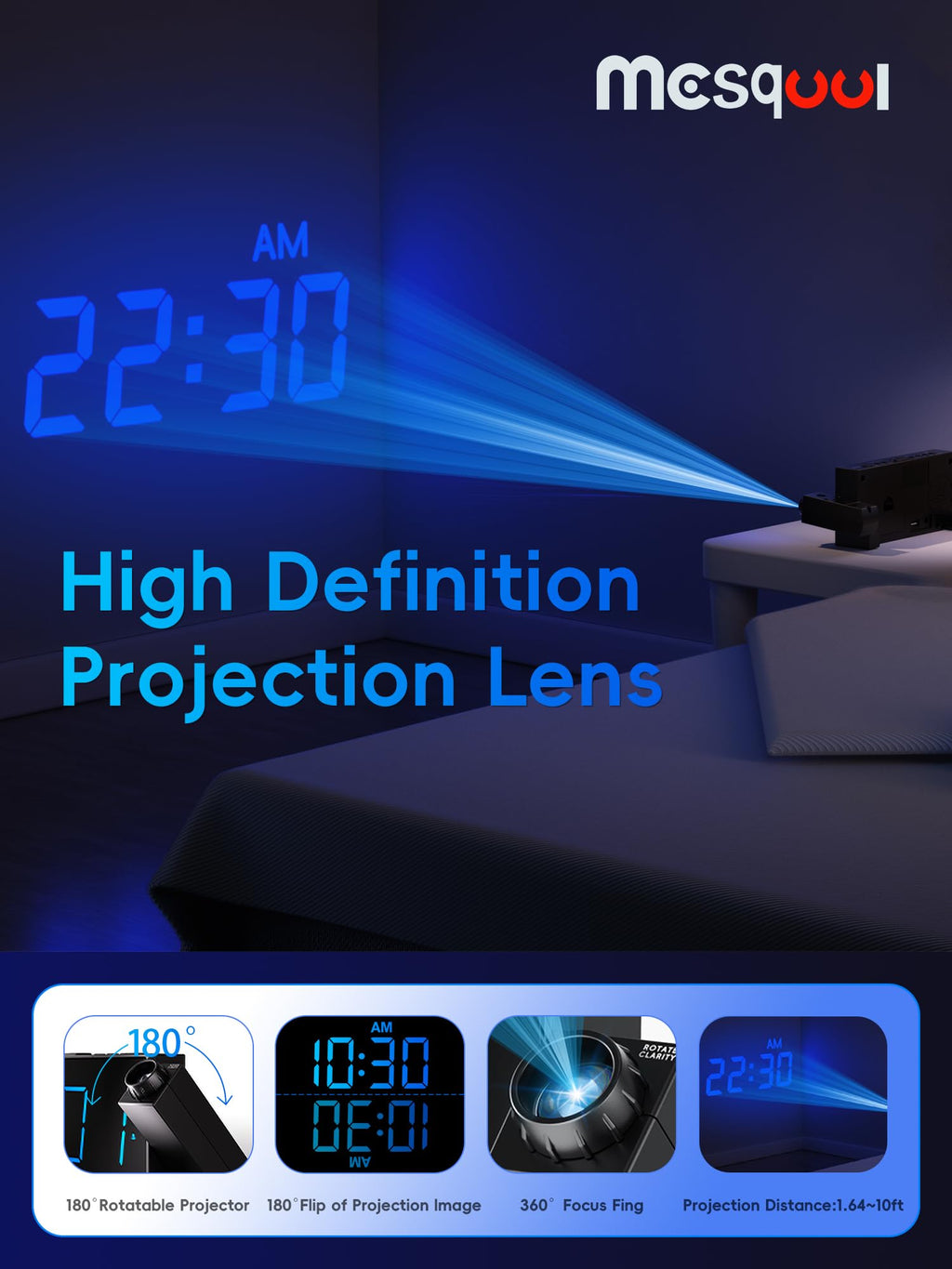 Mesqool Digital Projection Alarm Clock with Dual Alarms, 5 Levels Dimmer