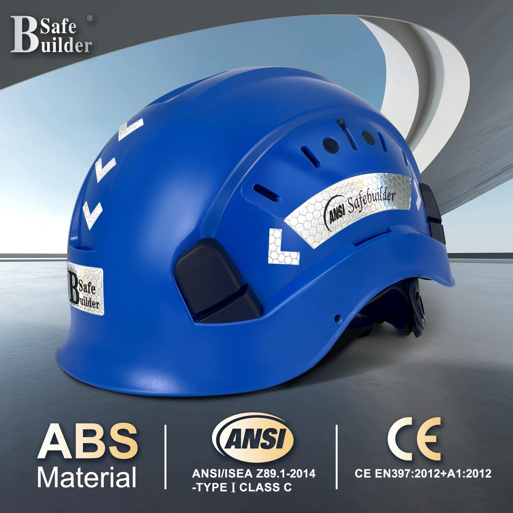 SAFEBUILDER ABS Work-at-Height and Rescue Hard Hat Slotted Ventilated Construction Safety Helmet w/Adjustable Ratchet 6-Point Suspension ANSI Z89.1-14 (Blue Safety Helmet)