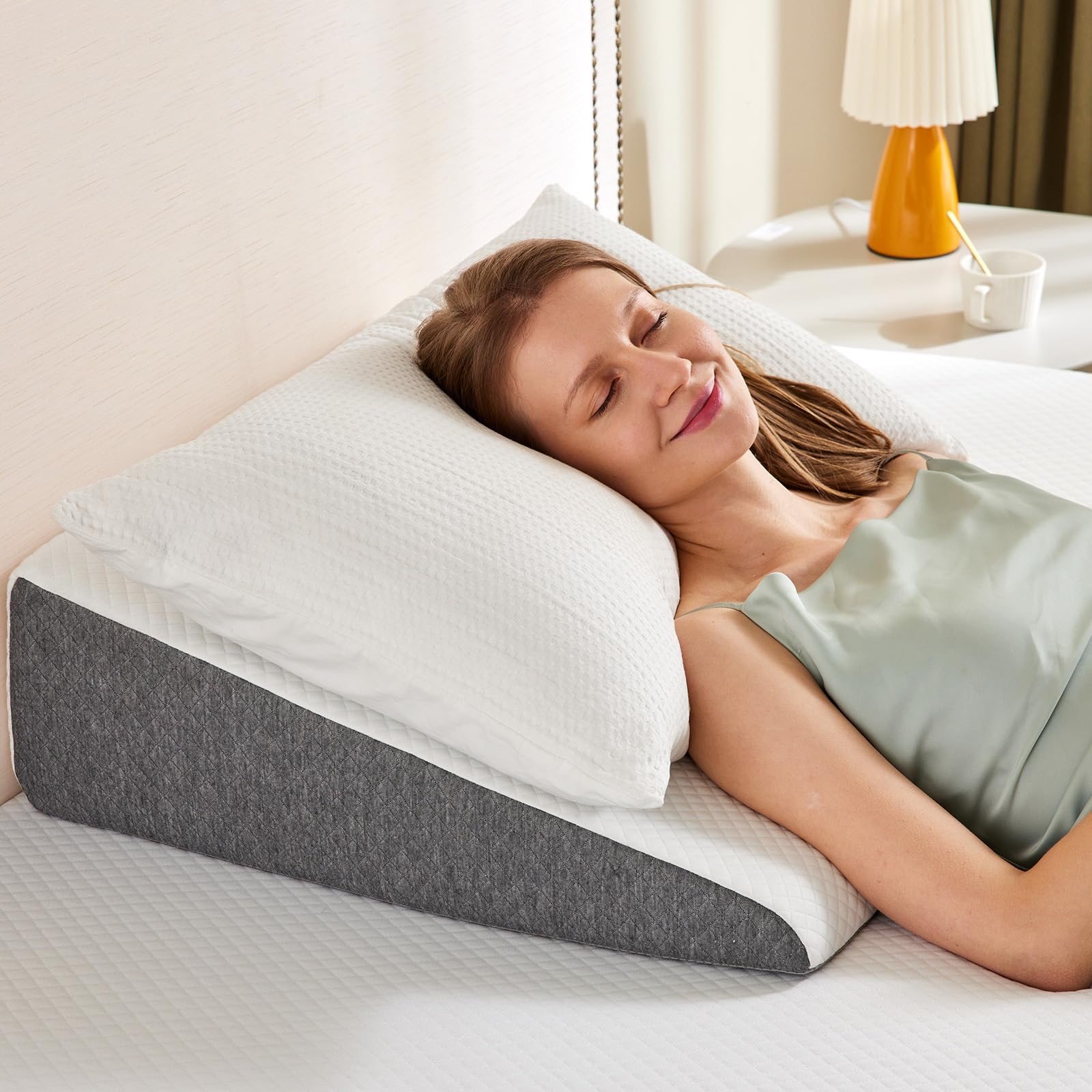 Sweetcrispy Wedge Pillow, Body Pillow for Sleep Apnea, Neck Pain Relief, Post Surgery, Sleeping Comfort, Acid Reflux, Heartburn, Back Pain Relief and Snoring, 7.5Inch White& Grey