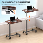 WOTURE Adjustable Overbed Table with Wheels, Bedside Rolling Table, Pneumatic Height Adjustment, Hospital Bed Table on Wheels, Standing Desk, Bedridden & Mobility Needs, Walnut