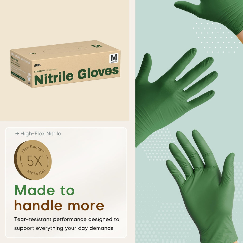 SUP Powder-Free Nitrile Exam Gloves, 100 Count Food Safe Latex-Free Disposable Gloves for Medical Cooking Household Cleaning Food Prep, Green (Medium)