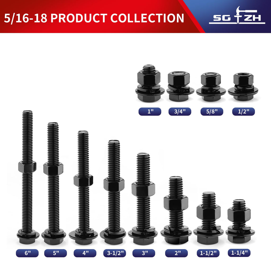 5/16-18 x 4" Hex Head Screw Bolt, Nuts, Flat & Lock Washers, 20Pcs 18-8 (304) Stainless Steel, Fully Threaded, Black Oxide by SG TZH