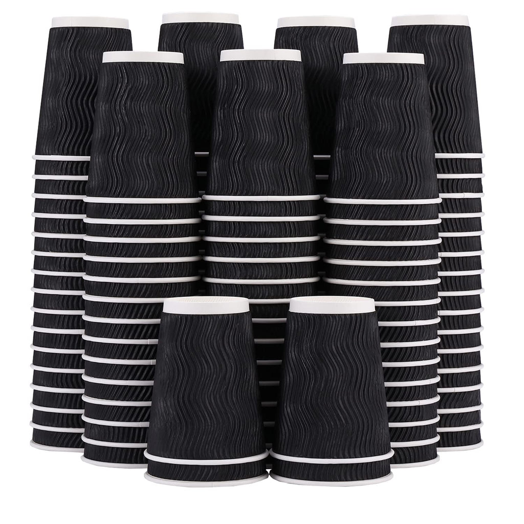 Lamosi 12 oz Disposable Coffee Cups - 120 Pack, Insulated Corrugated Paper Cups 12 oz, Kraft Ripple Wall Cups for Hot Beverage or Cold Drinks Office/Home/Party/Travel/Cafe (Black)