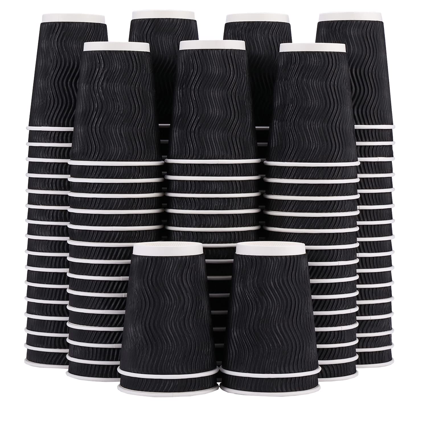 Lamosi 12 oz Disposable Coffee Cups - 120 Pack, Insulated Corrugated Paper Cups 12 oz, Kraft Ripple Wall Cups for Hot Beverage or Cold Drinks Office/Home/Party/Travel/Cafe (Black)