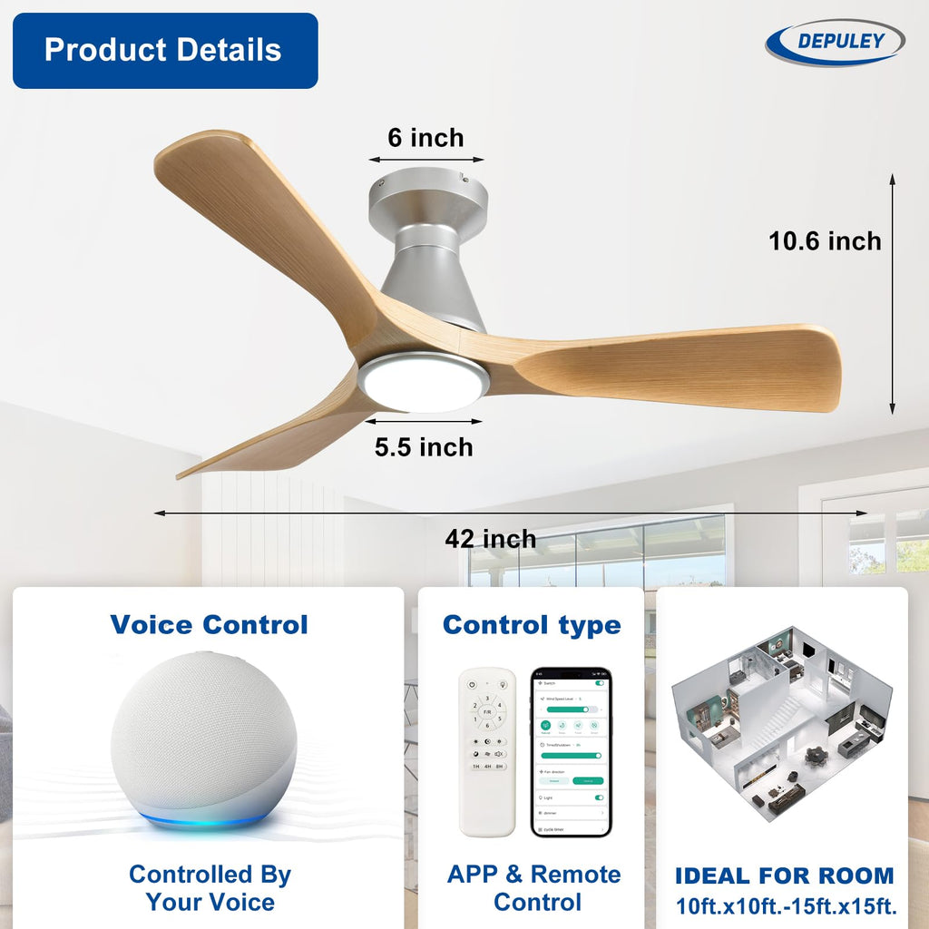 Depuley Ceiling Fans with Lights for Bedroom: 42 In Smart Low Profile Ceiling Fan with Voice Alex APP Remote Control - Wood Fandelier Flush Mount Fan 3 Blades Dimmable 3CCT Ultra Quiet