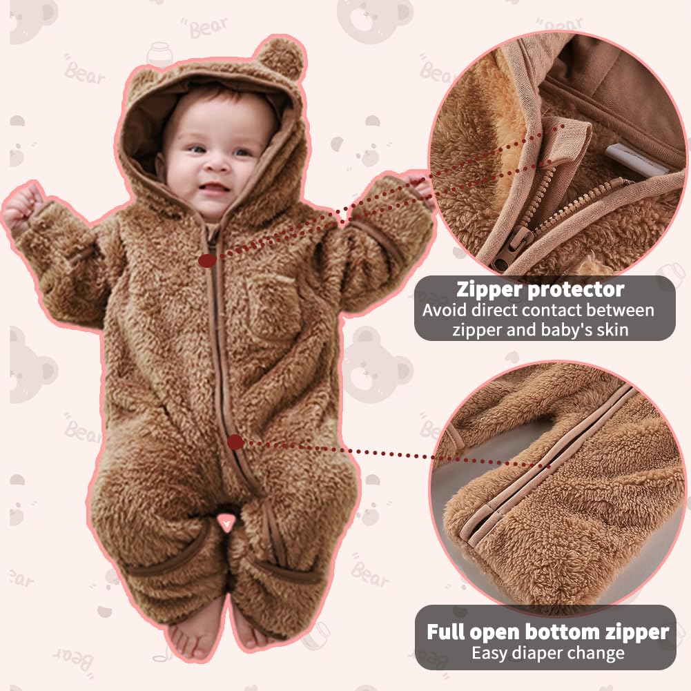 AiWMGL Newborn Baby Bear Outfit Suit With Fold-Over Mittens and Footies Girls Boys 0-3 Months Winter Fleece Clothes Suit Hooded Jumpsuit Romper Snowsuit