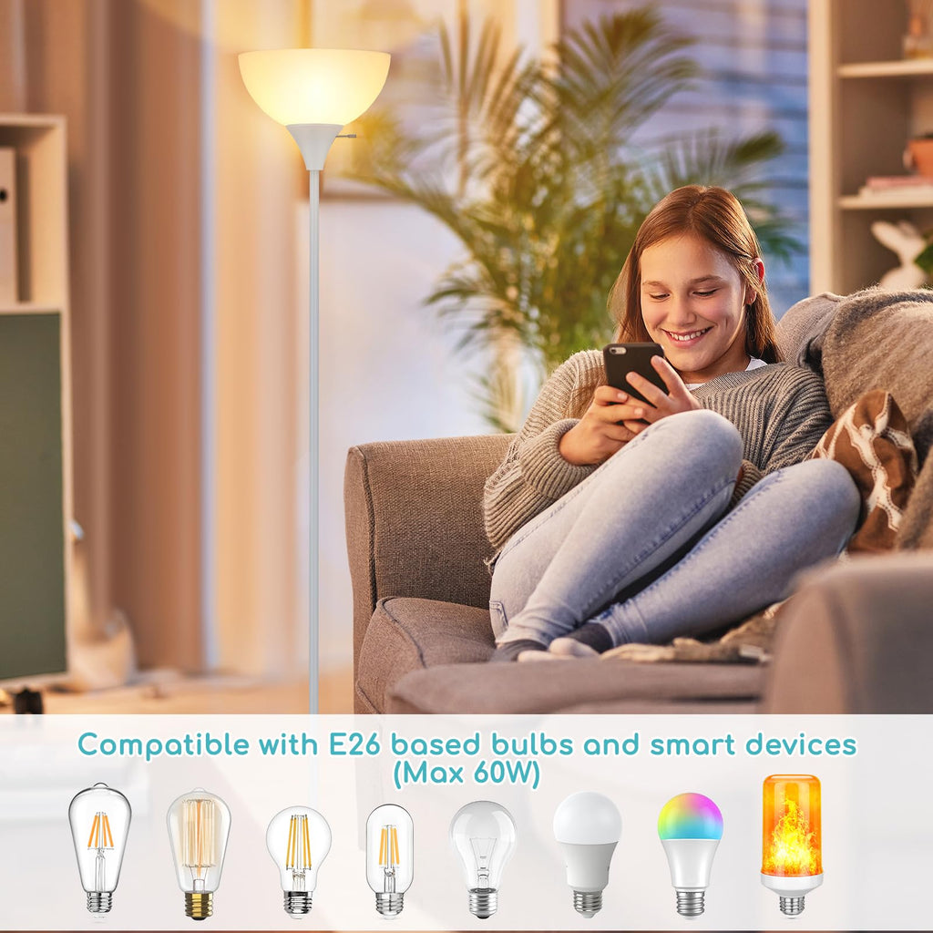 Coucrek Floor Lamp, LED Standing Lamps with White Plastic Shade, Corner Floor Lights for Living Room Bedroom, Rotary Switch, Bulb not Included, White