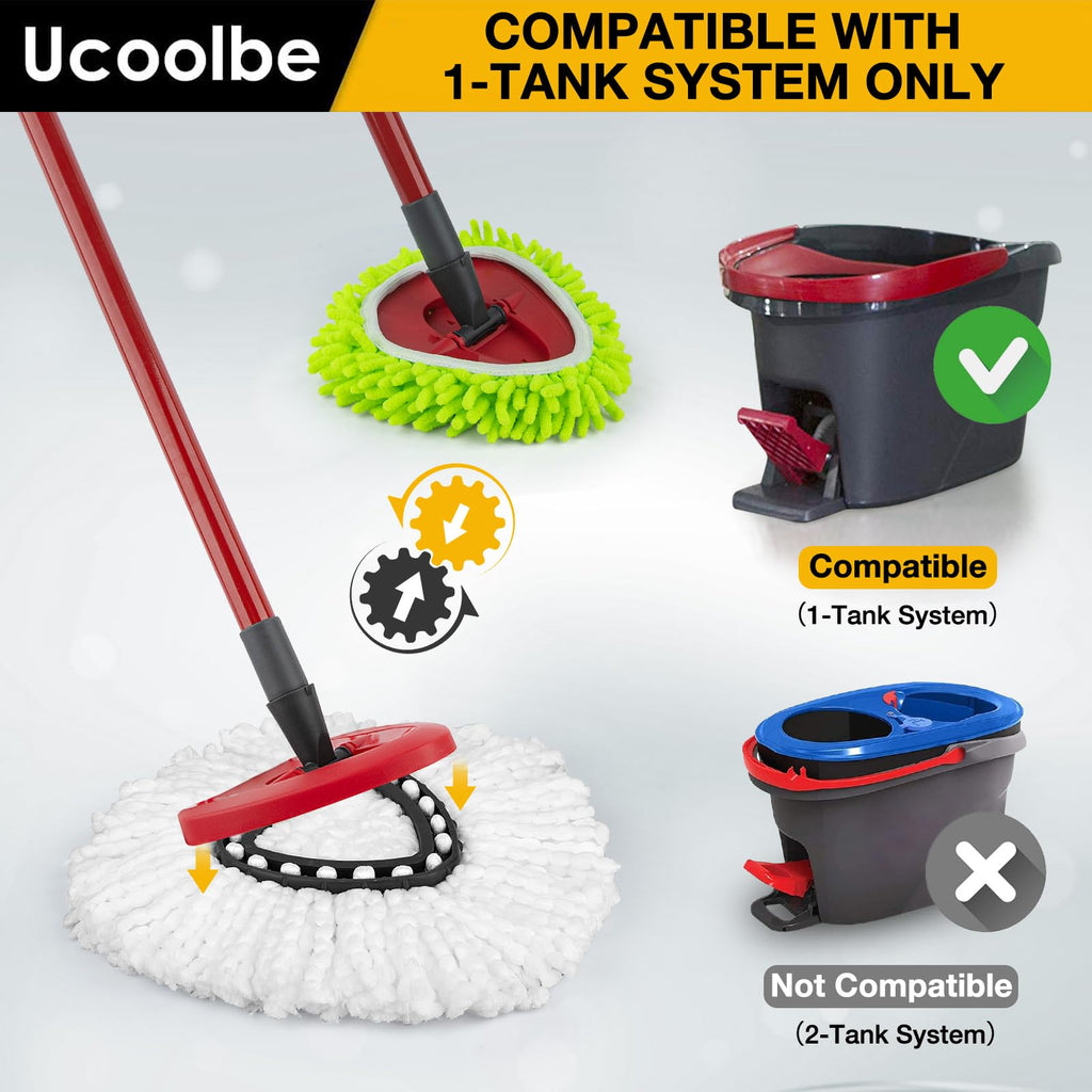 Spin Mop Replacement Heads Compatible with Ocedar EasyWring 1-Tank System, Duster Mop Head for Ocedar, 6 Pack Spin Mop Refills, 2 Pack Chenille Mop Pads, 1 Mop Base for deep Cleaning