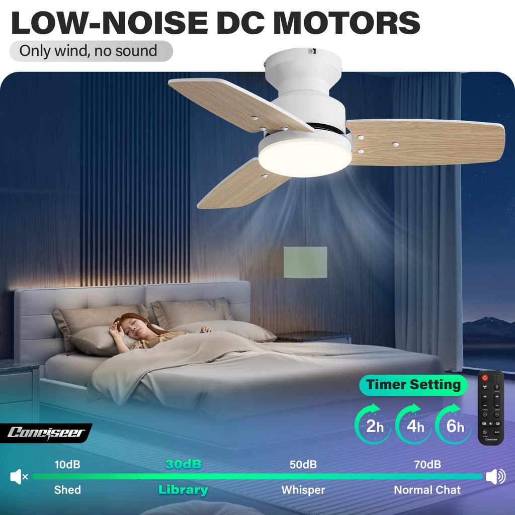 Conciseer 30 Inch Ceiling Fans with Lights and Remote, Bedroom Living Room Office, Flush Mount, 6CCT Dimmable, Dual Color 3 Blades, 6 Speed Reversible Quiet DC Motor, White/Wood Grain, 2 Pack