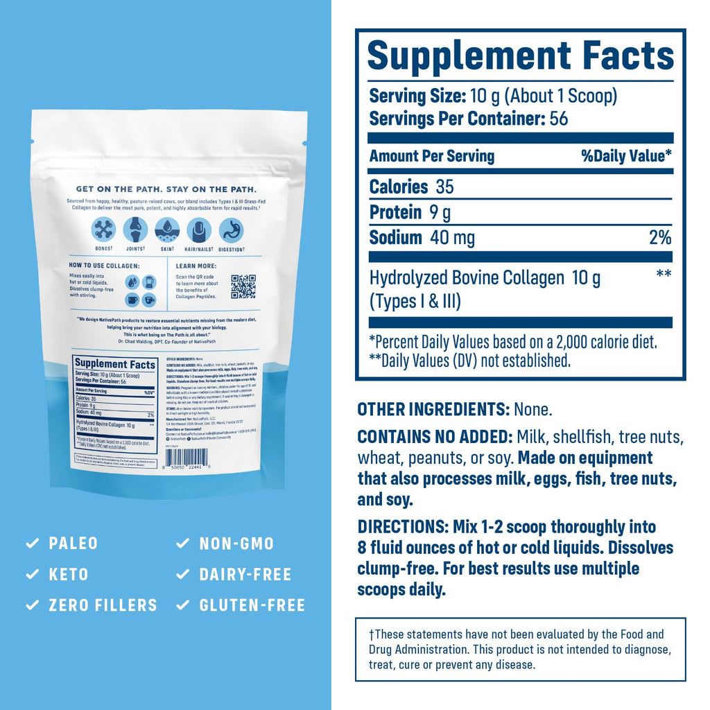 NativePath Collagen Peptides Protein - Hydrolyzed Type 1 & 3 Collagen Powder for Skin, Hair, Nails - 19.8 oz (56 Servings)