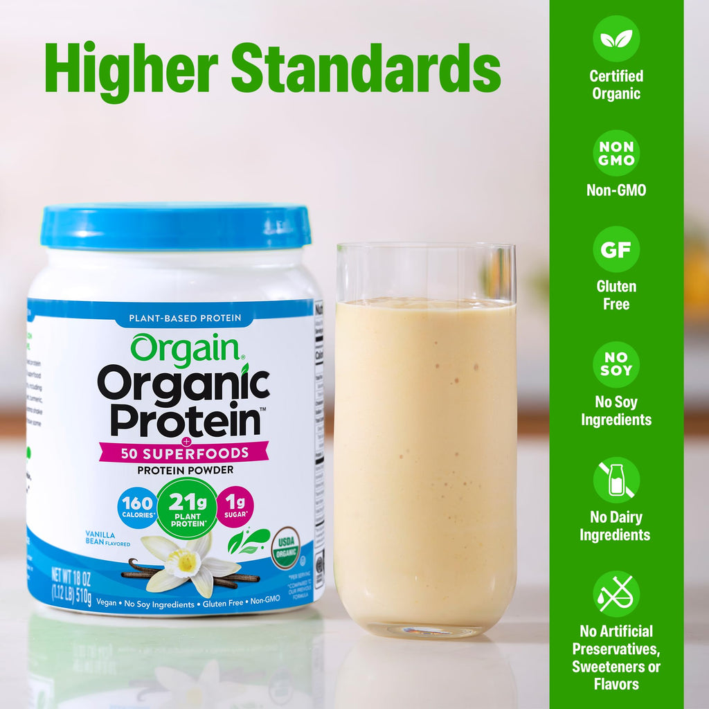 Orgain Organic Vegan Protein + 50 Superfoods Powder, Vanilla Bean - 21g Plant Based Protein, 8g Prebiotic Fiber, No Lactose Ingredients, Gluten Free, No Added Sugar, 1.12 lb (Packaging May Vary)