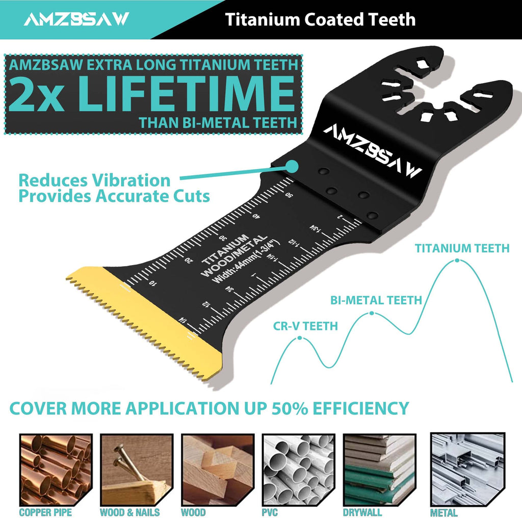 AMZBSAW 16 PCS Titanium Oscillating Saw Blades Metal Cutting, Multitool Blades for Soft Metal Nails Hard Material and Wood Plastic, Multi Tool Blades Kits Fit Dewalt Ryobi Bosch Milwaukee