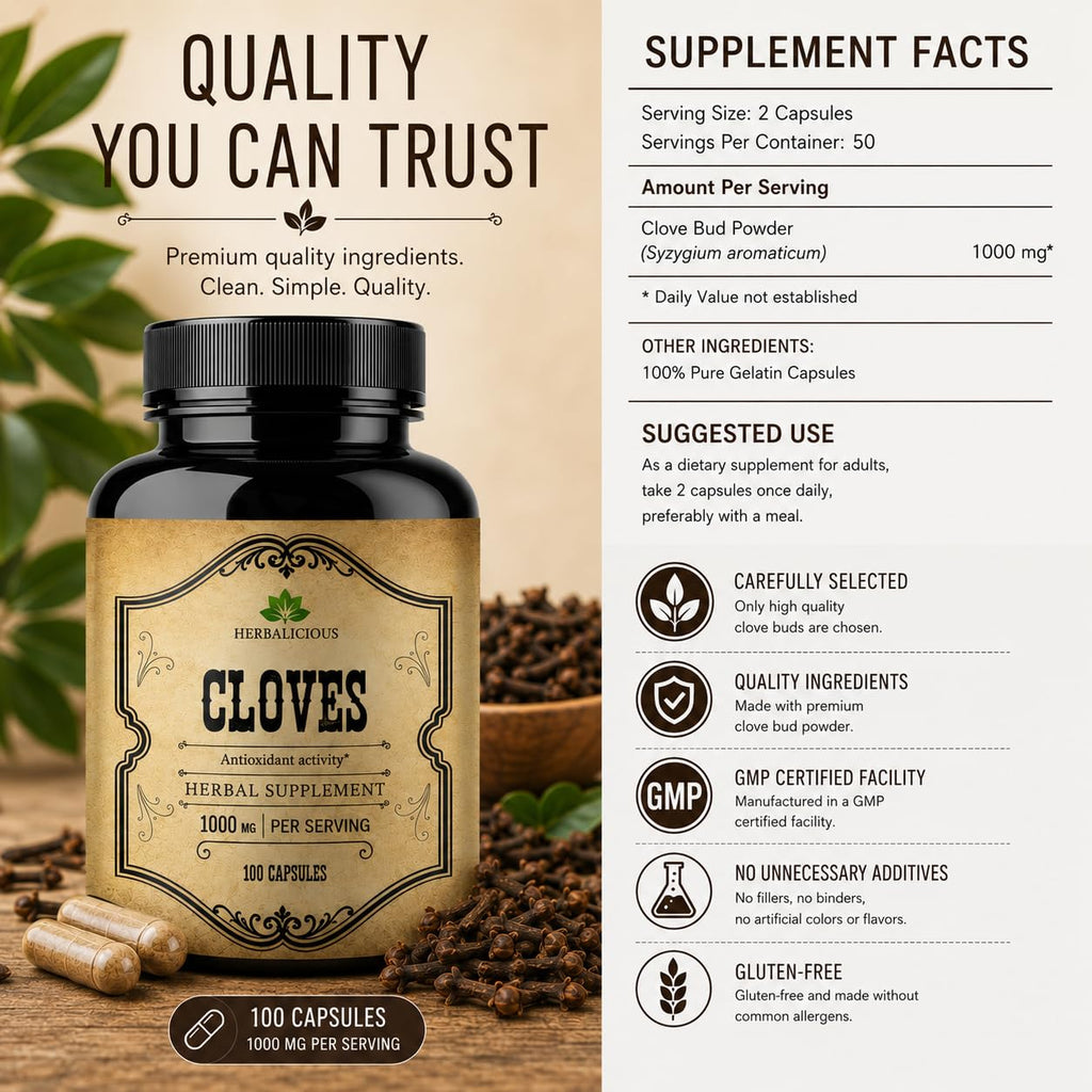 Cloves Capsules - Natural Dietary Supplement - Rich in Vitamins, Minerals, Manganese, Fiber - May Help Strengthen Bones, Promote Digestive Function, Antioxidant Support - 100 Caps