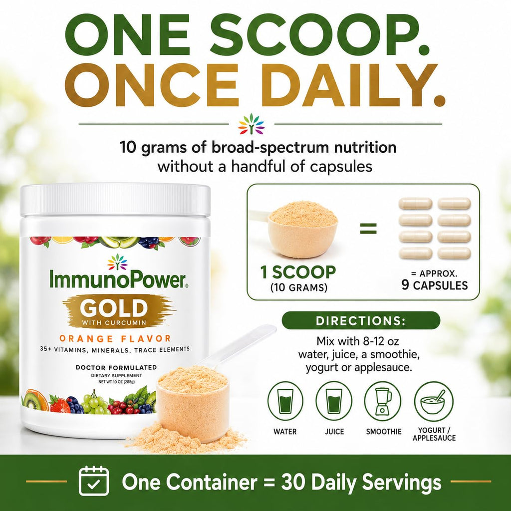 ImmunoPower Gold - High-Absorption Turmeric Root Extract & BioPerine Immune Booster - Doctor Formulated with 33+ Nutrients - Orange Flavor