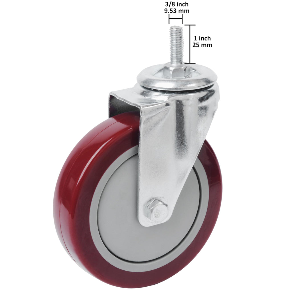 Finnhomy Swivel Caster Wheels 5 Inch Threaded Stem Casters Set of 4 Heavy Duty 3/8"-16 x 1 Anti-wear Polyurethane Industrial Castor Wheels for Cart/Furniture Load Bearing 2200 Lbs Smooth Casters Red