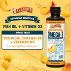 Barlean's Omega 3 Fish Oil Liquid Supplement with Vitamin D for Men and Women, 1080mg of EPA and DHA Fatty Acid, Promotes Brain & Heart Health - Non-GMO, Mango Peach, 32 oz