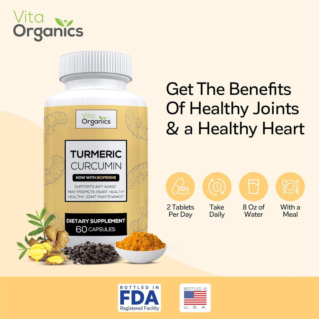 Vita Organics Turmeric Curcumin 1300mg - Extra‑Strength Joint & Inflammation Support - High Absorption with Black Pepper Extract - 95% Curcuminoids Joint Support Supplement - 60 Capsules