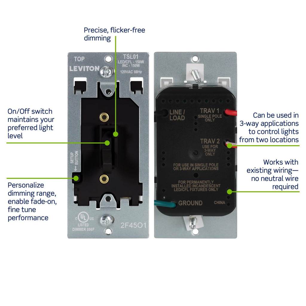 Leviton Toggle Slide LED Advanced Dimmer Switch for 150W Dimmable LED, Halogen and Incandescent Bulbs and Fixtures, TSL01-10E, Black