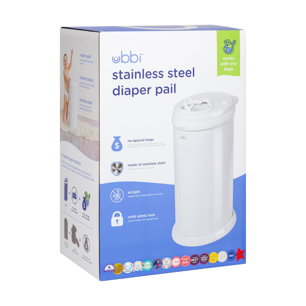 Ubbi Stainless Steel Diaper Pail, No Special Bags, Odor-Locking, White