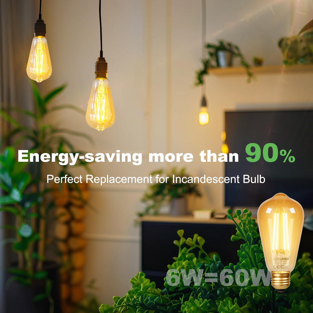 DiCUNO E26 Edison Bulbs 60W, 2200K Amber Warm, Amber Glass, 600LM, 2-Pack