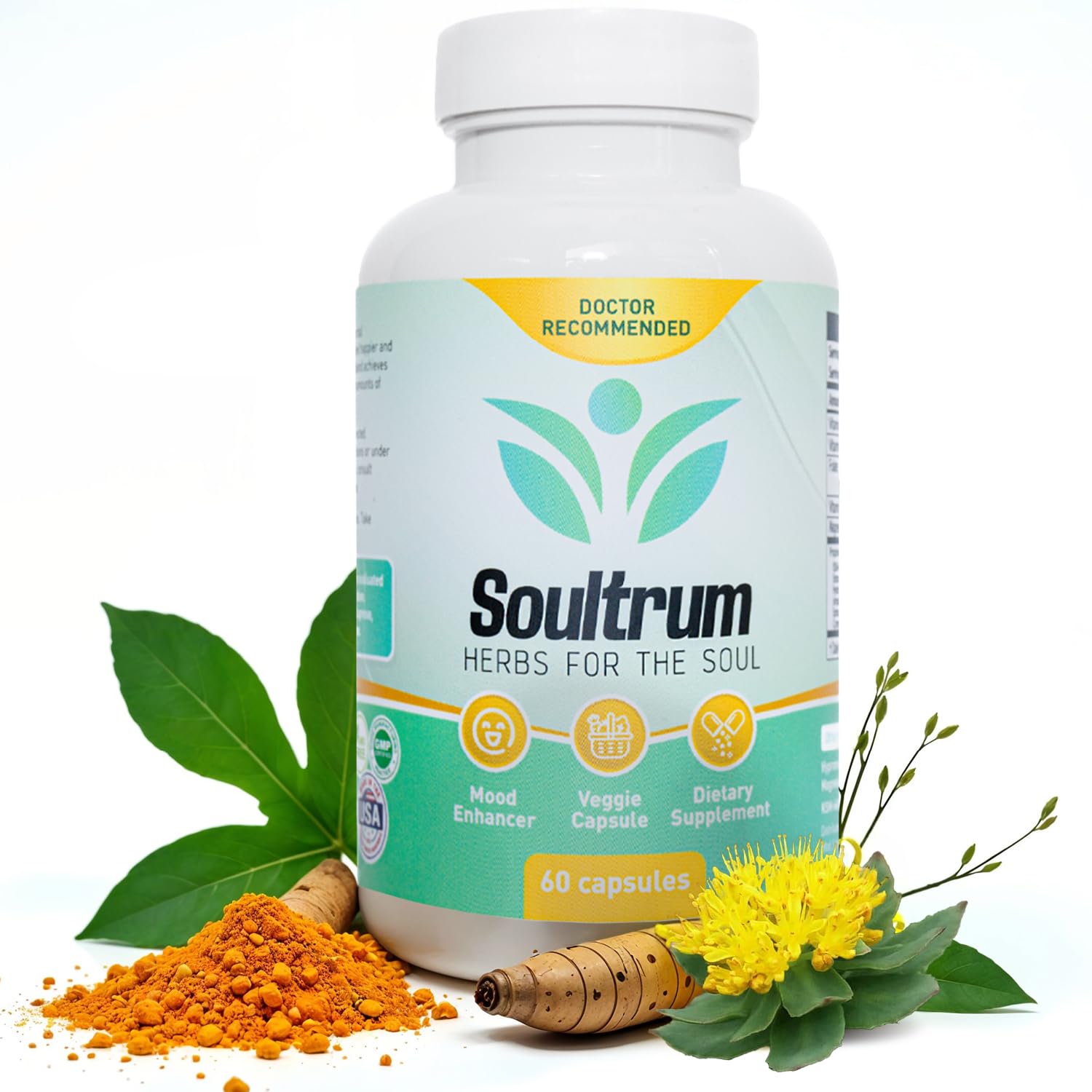 Mood Support Supplement - Daily Herbal Happiness, Energy and Focus Formula with Saffron, Omega 3 Fatty Acids, Turmeric, Rhodiola Rosea, Probiotics, L-Theanine, Magnesium and Ashwagandha - 60 Capsules