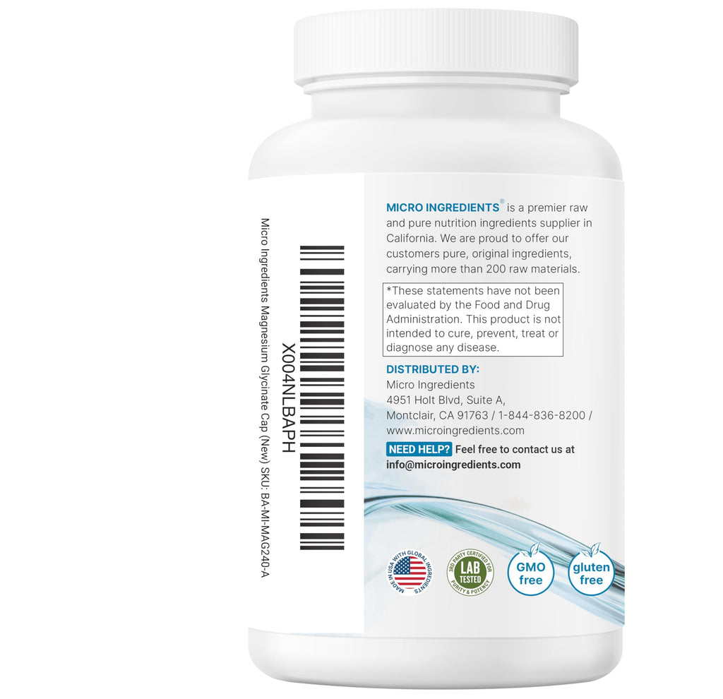 Micro Ingredients Pure Magnesium Glycinate 400mg Per Serving, 240 Capsules | Chelated Mineral Supplements with Elemental Form | Non-GMO, Filler Free