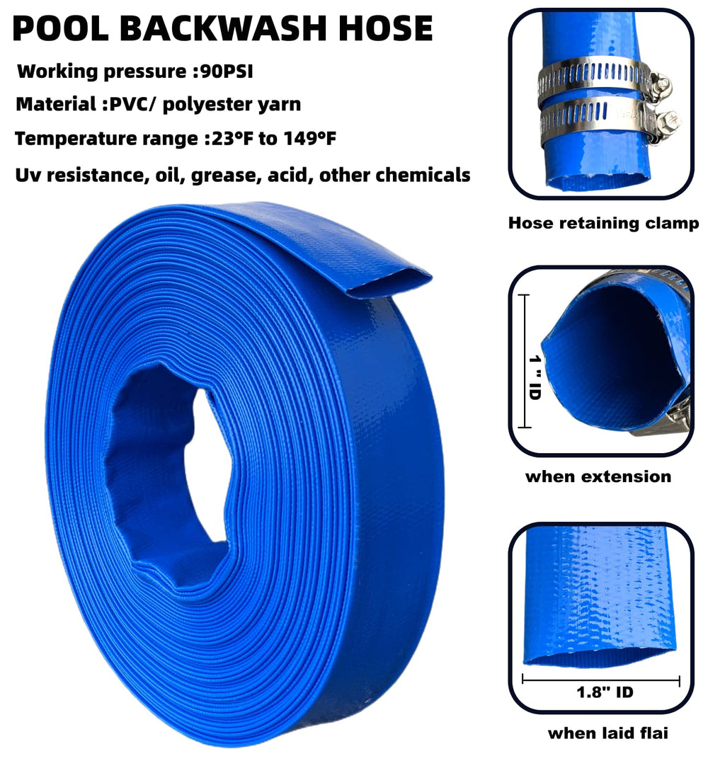 1 IN x 100 FT Pool Backwash Hose, Heavy Duty Flat Discharge Hose, Weather and Burst Resistant, Best Pool Hoses for Inground Pools, Pool Filter Hose & Pool Drain Hose