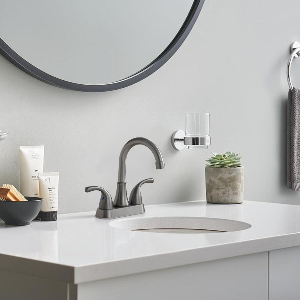Bathroom Sink Faucet FRANSITON 4 Inch 2 Handle Lead-Free Brushed Grey Bath Sink Faucet with Pop-up Drain Stopper and Supply Hoses