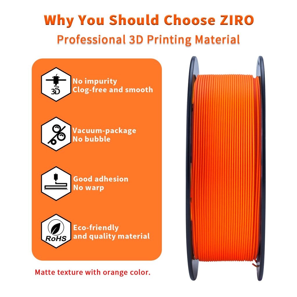 ZIRO Matte PLA Filament 1.75mm, Pure Color No-Shine 3D Printer Filament, High Toughness 3D Printing Material, Military Orange (Matte)