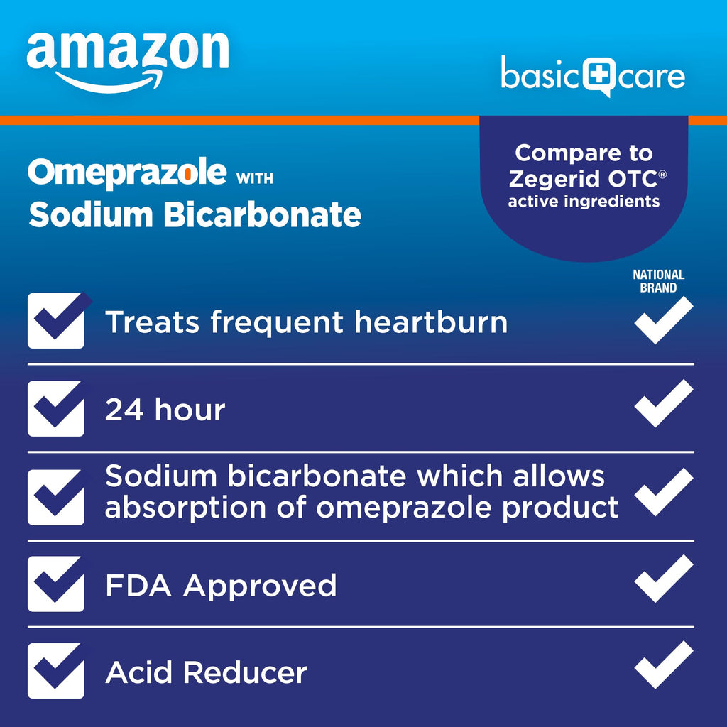 Amazon Basic Care Omeprazole and Sodium Bicarbonate Capsules, 20 mg/1100 mg, 24-Hour Acid Reducer, Frequent Heartburn Relief, 42 Count (Pack of 2)