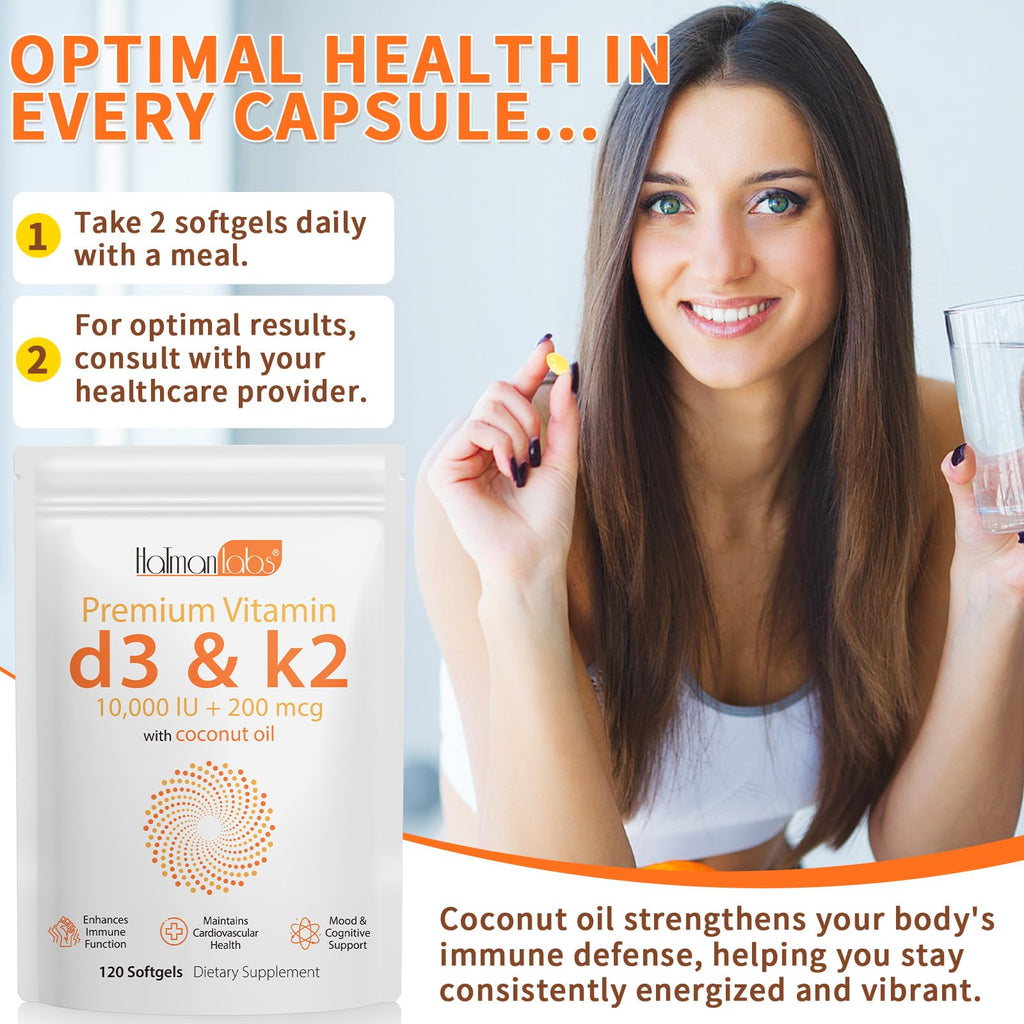 MXCZBSM 2 Bag Vitamin D3 K2 Supplement Softgel, Vitamin D3 K2 Softgel with 10000 IU Supports Immune, Heart, Teeth & Bone Health, Free of GMO, Gluten, Soy