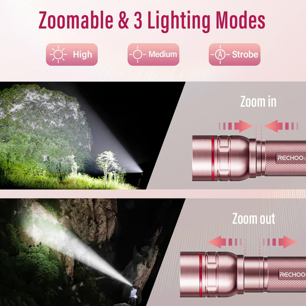 Rechargeable Flashlights High Lumens, G1000 Super Bright Flash Light 2 Pack, Small Zoomable LED Flashlight with 3 Lighting Modes, Portable Flashlights for Camping Essentials, Gift for Women (Pink)