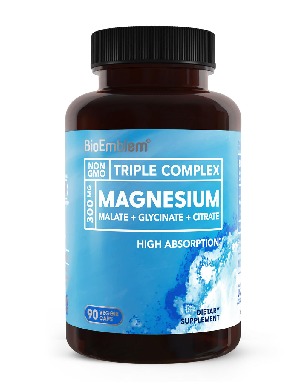 BioEmblem Triple Magnesium Complex | 300mg Magnesium Glycinate, Malate & Citrate | High Absorption Chelated Formula | Vegan, Non-GMO, Gluten-Free | 90 Capsules
