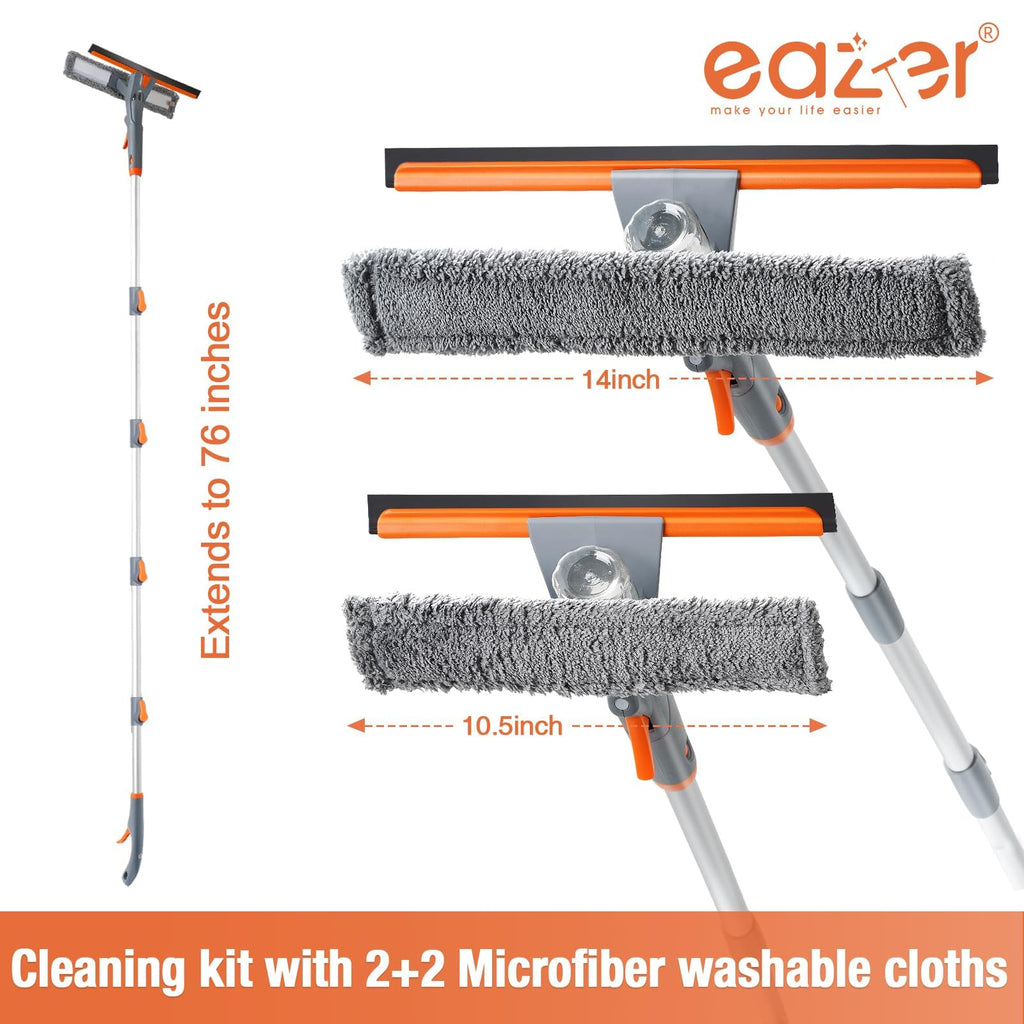 Eazer 3-in-1 Window Squeegee Cleaner, 76'' Spray Window Squeegee with 5-Section Extension Pole, Microfiber and Chenille Cloth, Window Washing Equipment for Indoor/Outdoor Windows, Car Glass