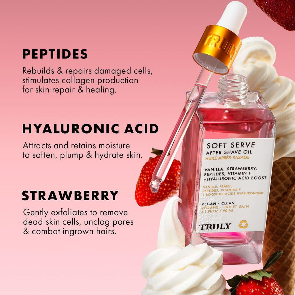 Truly Beauty Soft Serve After Shave Oil | Hydrating Treatment for Ingrowns & Irritation | Peptides, Hyaluronic Acid & Strawberry Extract | Soothes & Smooths Skin | Strawberry Vanilla Scent (3.1 Fl Oz)