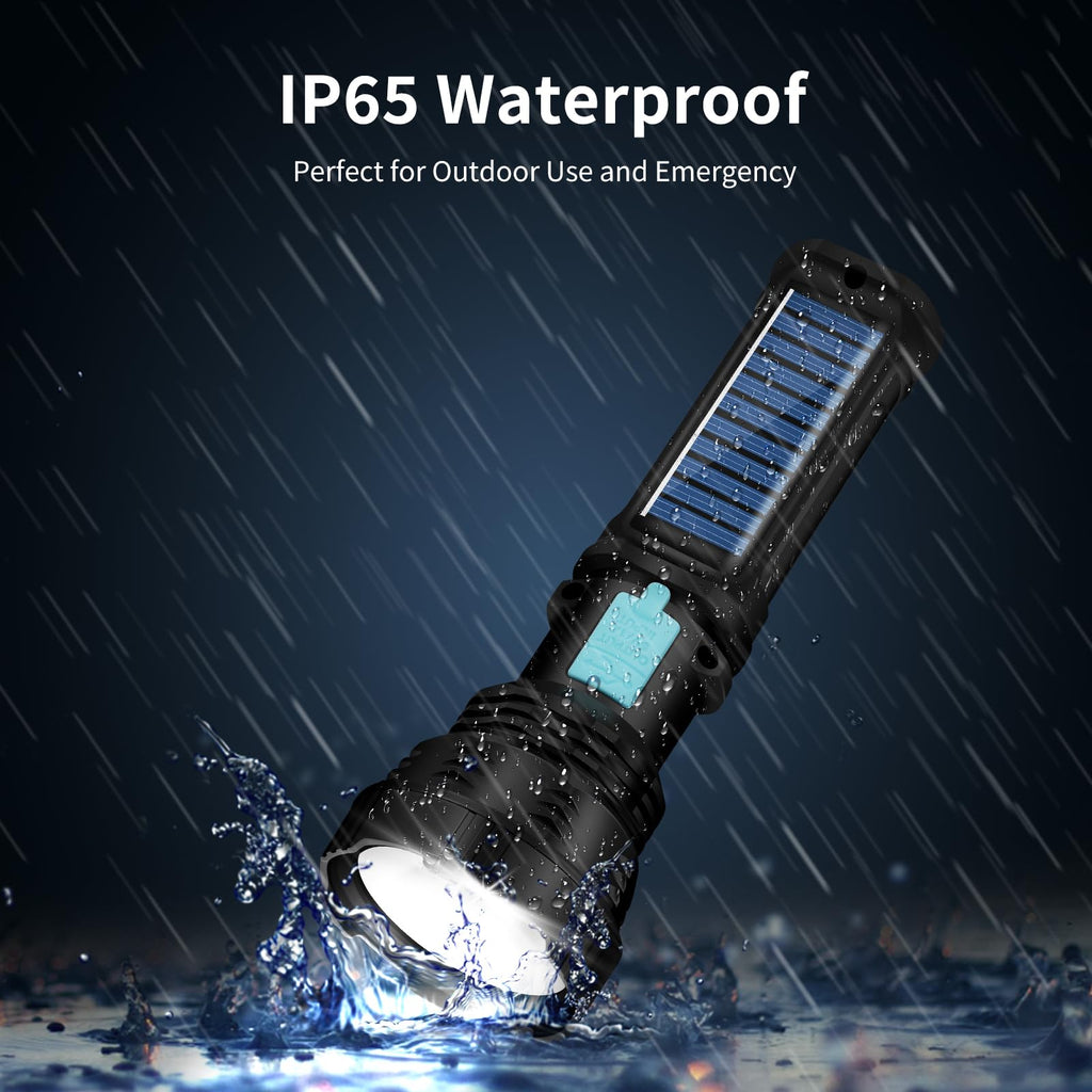 VOETIR Led Solar Flashlight, 1500 Lumens Led Solar Handheld Rechargeable Flashlights with IP65 Waterproof, 2000mAh Battery for Survival Emergencies Camping (2 Packs)