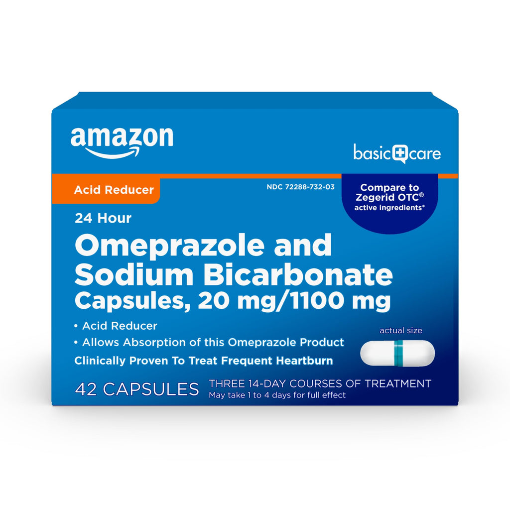 Amazon Basic Care Omeprazole and Sodium Bicarbonate Capsules, 20 mg/1100 mg, 24-Hour Acid Reducer, Frequent Heartburn Relief, 42 Count (Pack of 2)