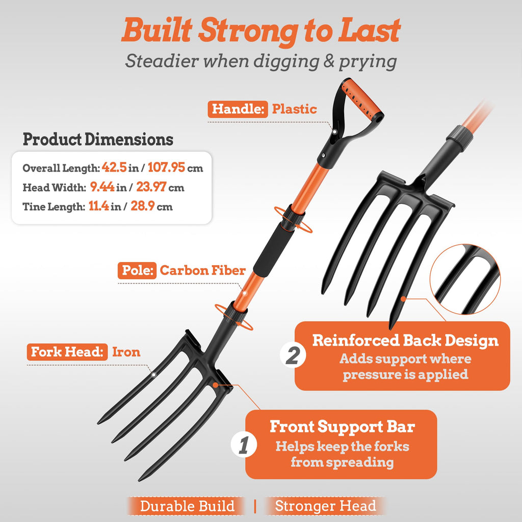 Garden Fork for Digging, 4-Tine Pitch Fork with Foot Step, Ergonomic Y-Handle & Comfortable Grip, Lightweight Durable Pitchfork for Soil Loosening, Compost, Mulch, Weeding & Potato Harvest - 43 Inches
