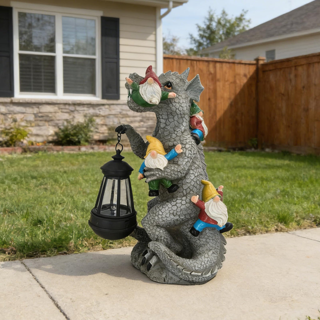 SAMPU CRAFT 12.3 Inch Dinosaur Garden Gnome Statue with Solar Lantern