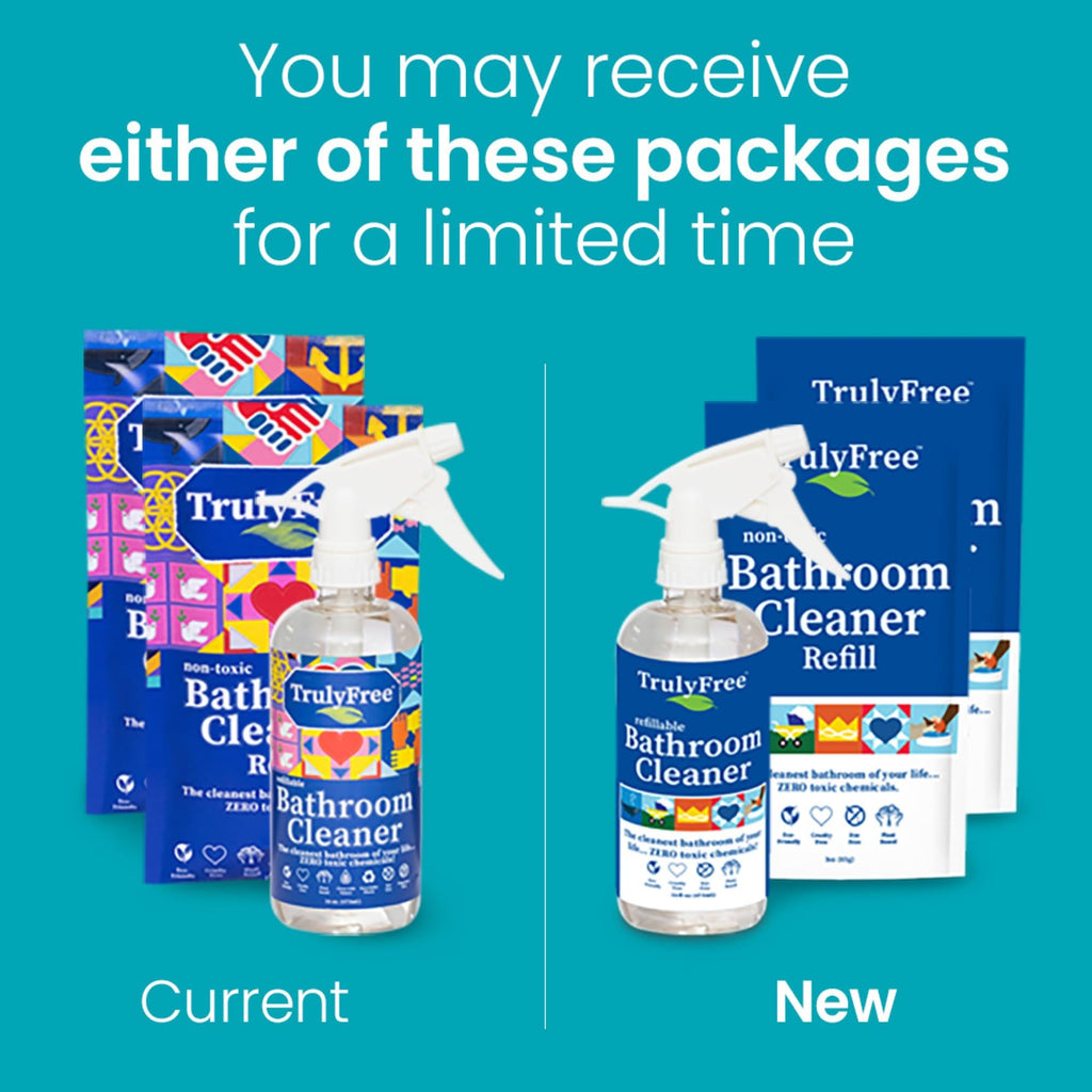 Truly Free All Natural Non-Toxic Bathroom Cleaner Spray, Organic Bath & Tile Cleaning Solution for Toilet, Sink, Tub & Shower, Refillable 2-Pack with 16oz Bottle + 2 Refill Pouches