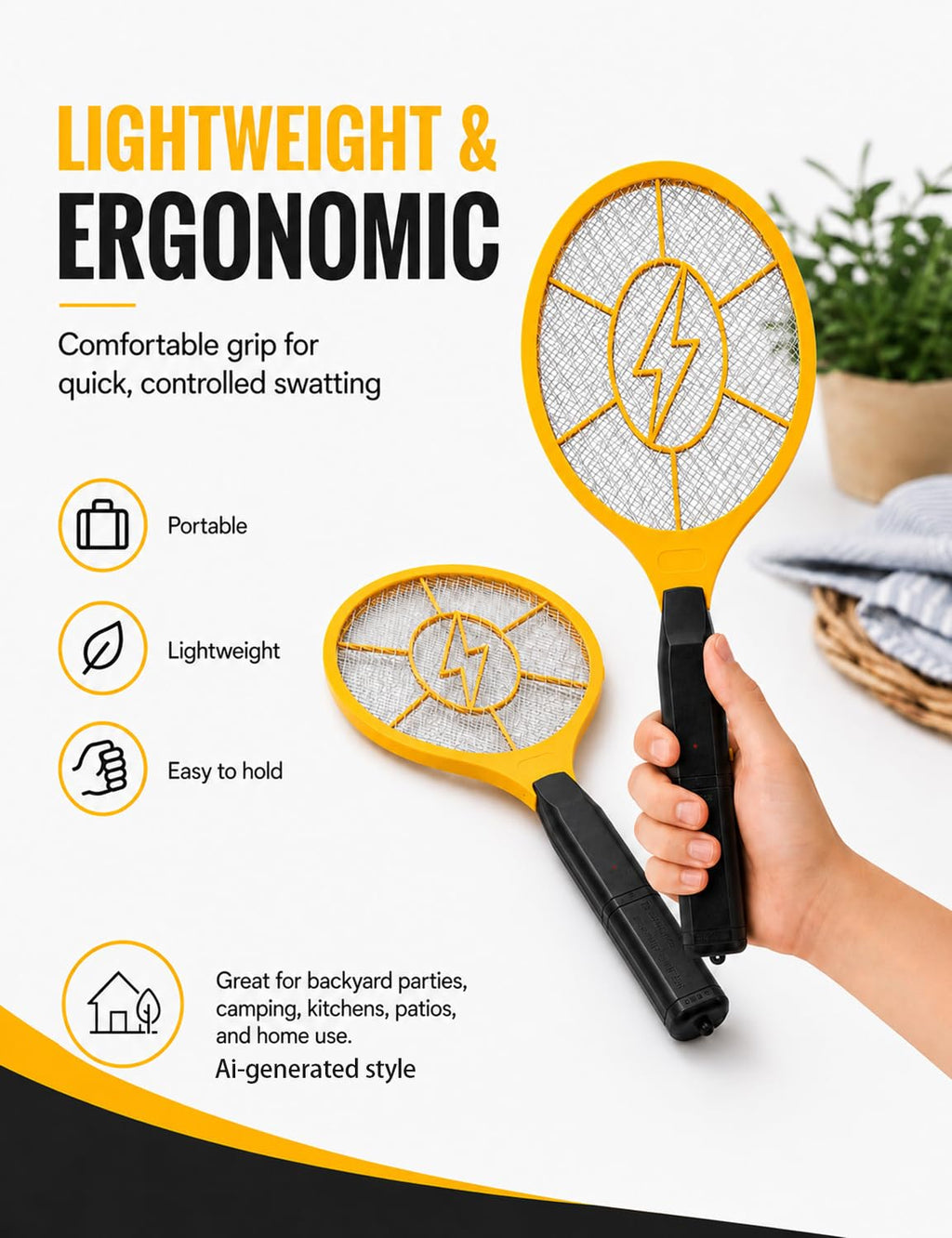 Electric Fly Swatter 2 Pack, Handheld Bug Zapper Racket for Mosquito & Insects, High Voltage Instant Kill, Lightweight Battery Powered Mosquito Zapper for Home, Patio and Camping