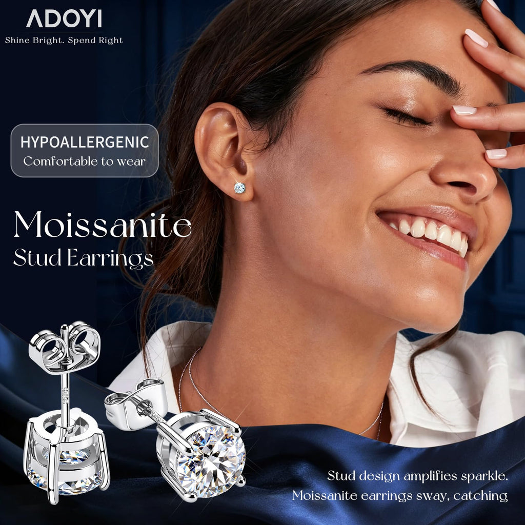 adoyi Moissanite Diamond Stud Earrings for Women Men 925 Sterling Silver Post Hypoallergenic 18K White Gold Plated Flat Back Stud Earring Jewelry Round Cut D Color VVS1 Clarity Gift for Women 2.0CT