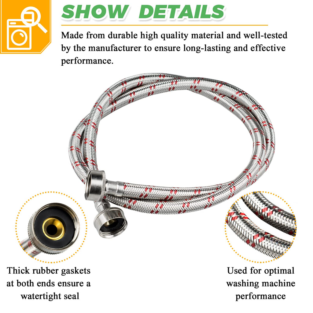 4ft Premium Stainless Steel Washing Machine Hoses Burst Proof 2 Pack by Techecook - Hot and Cold Water Supply Hoses for ALL Washer - 10 YEARS WARRANTY
