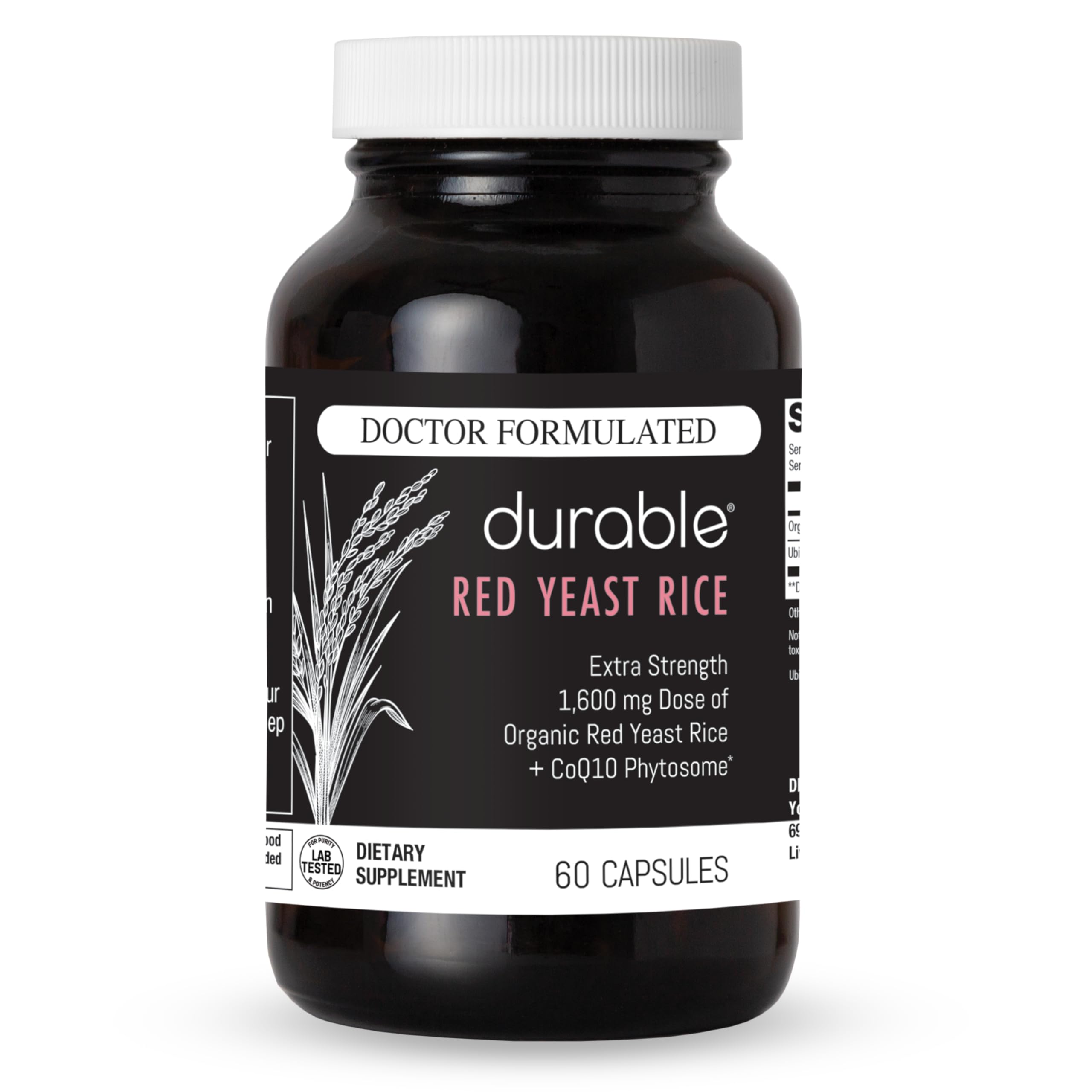 Durable RED Yeast Rice – Organic 1,600 mg Extra Strength + CoQ10 Phytosome – Supports Healthy Cholesterol, Heart, Lipids & Circulation – Doctor Formulated, Non-GMO, Vegan, Made in USA (60 Capsules).
